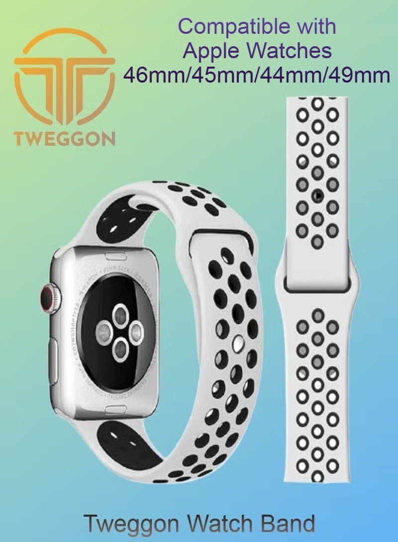 TWEGGON Silicone Dot Sport Band/Strap for Apple Watch All Series Compatible with 46mm/45mm/44mm/49mm White/Black - Image 1